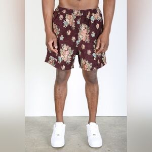 Pleasures Now Deja Vu Woven Floral Shorts Flower Embroidered Maroon sz S